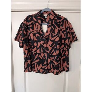 A New Day Womens Abstract Print Linen Blend Button Down Shirt boxy Medium NEW